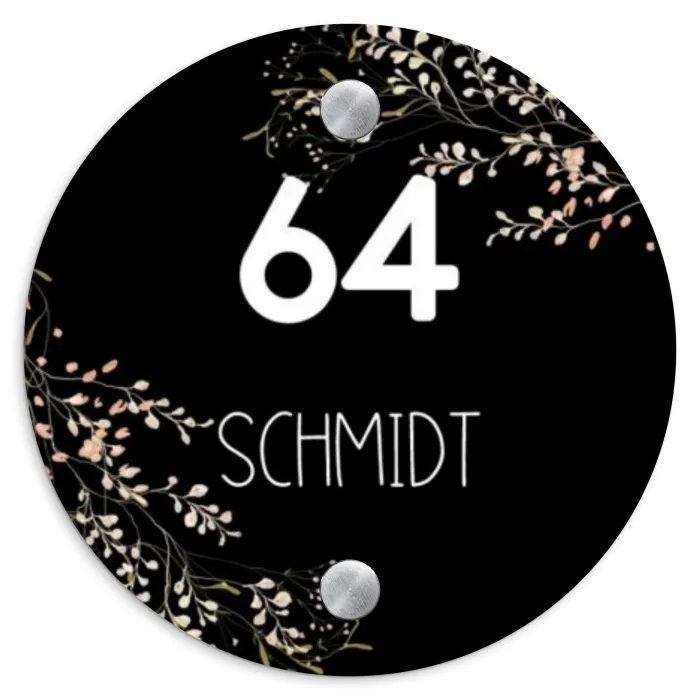 Botanisch - Zwart - Modern Naambord Rond klein -3d
