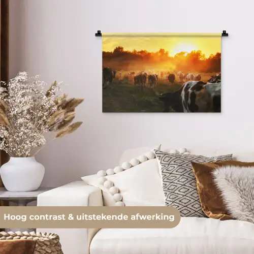 Koeien - Zonsondergang - Weiland - Dieren Wandkleed katoen klein -sfeer1