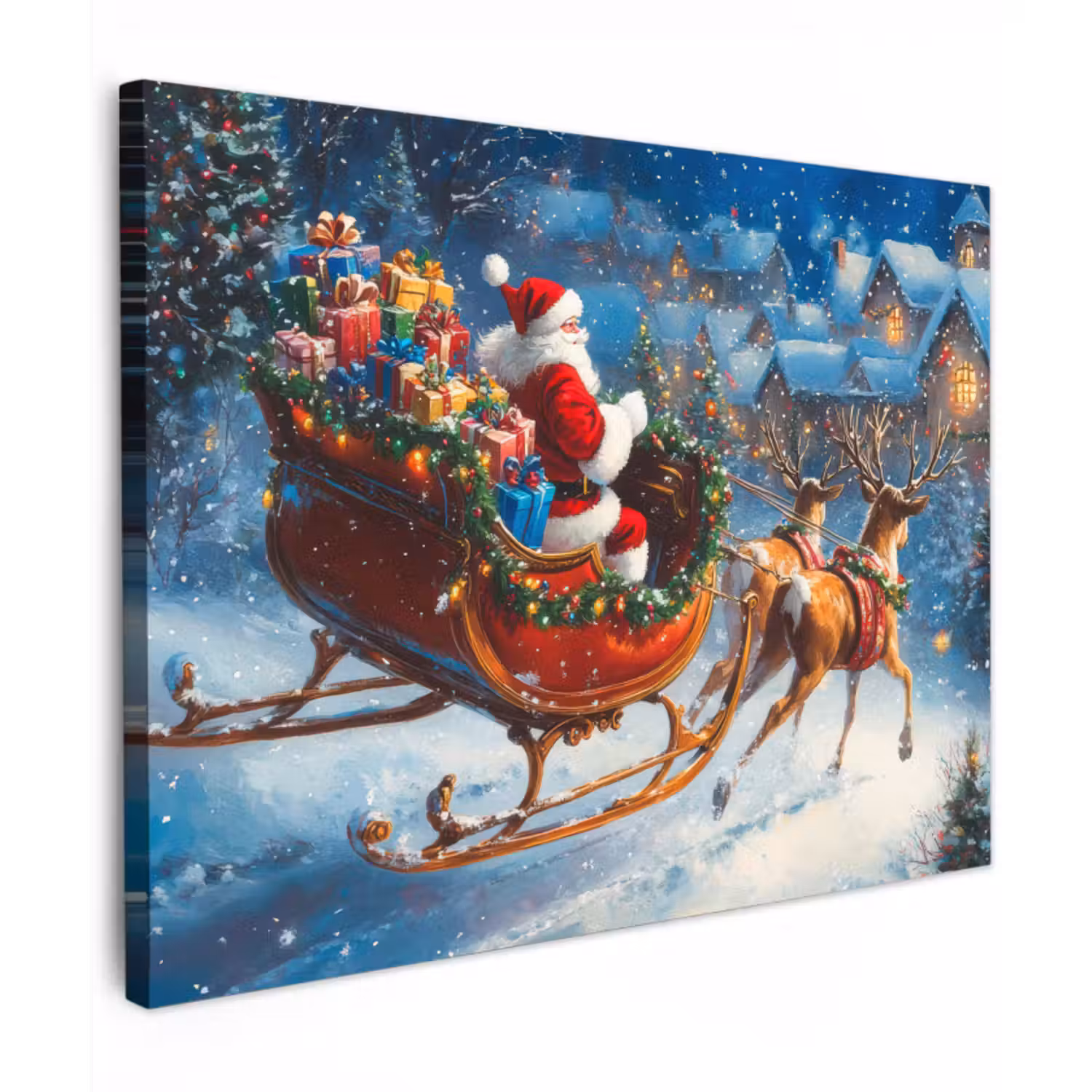 Canvas schilderij - Kerstman - Rendier - Kerst - Sneeuw