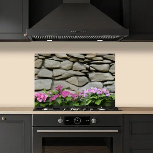Hortensia’s - Stenen - Muur - Bloemen keuken achterwand spatscherm klein -sfeer1