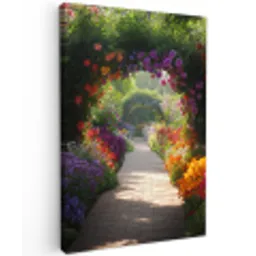 Doorkijk - Pad - Bloemen - Struik - Kleurrijk Tuinposter op houten frame 2 cm dik klein -3d