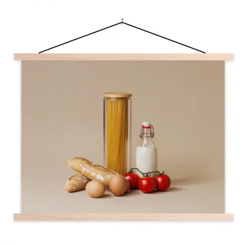 Spaghetti - Melk - Tomaten - Eieren - Brood textielposter latten blank klein -3d