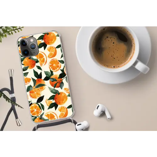 Sinaasappels - Vruchten - Bladeren - Oranje - Groen - Beige Hoesje iPhone 12 Pro met koord klein -oordop