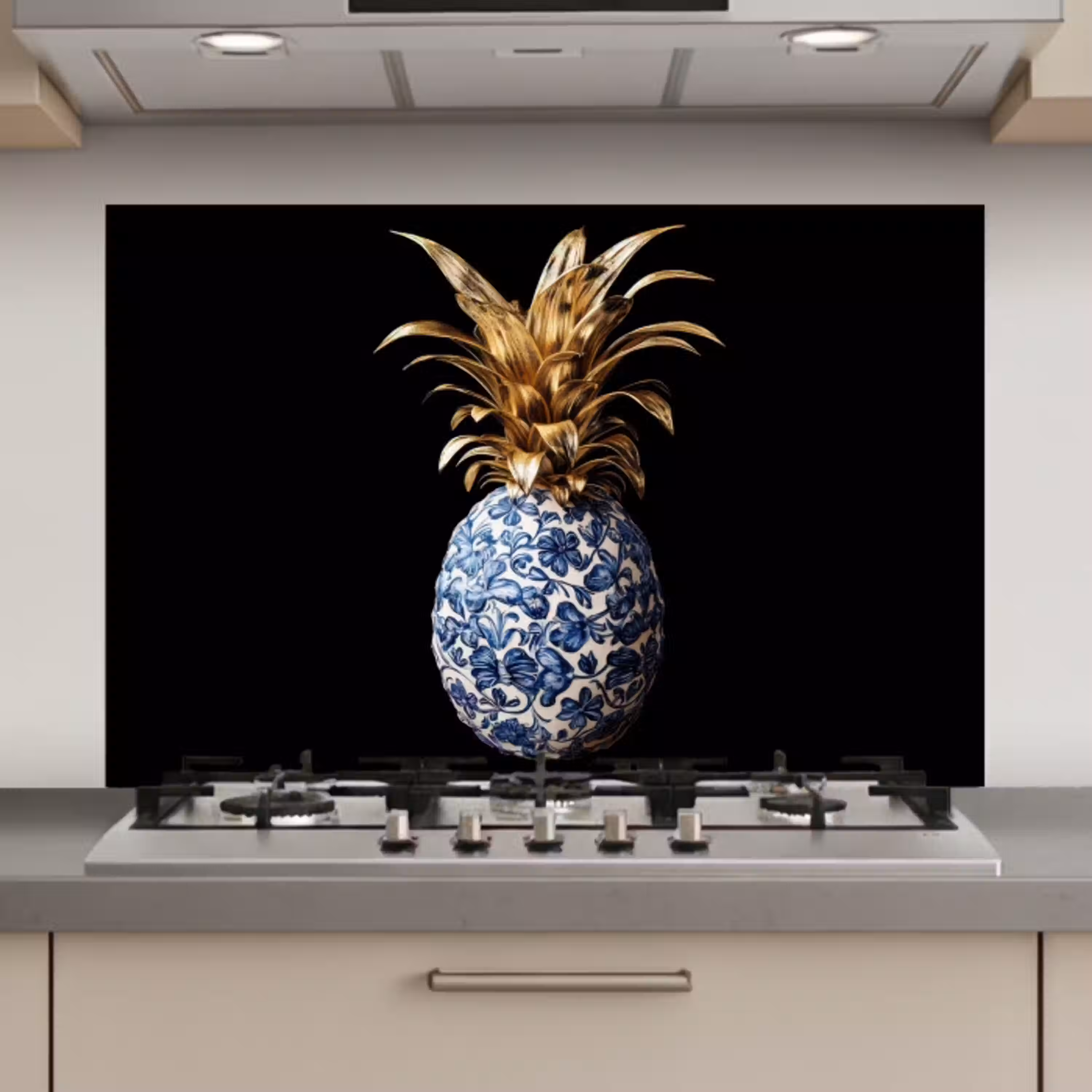 Ananas - Bloemen patroon - Goud - Delftsblauw keuken achterwand spatscherm klein -3d_website