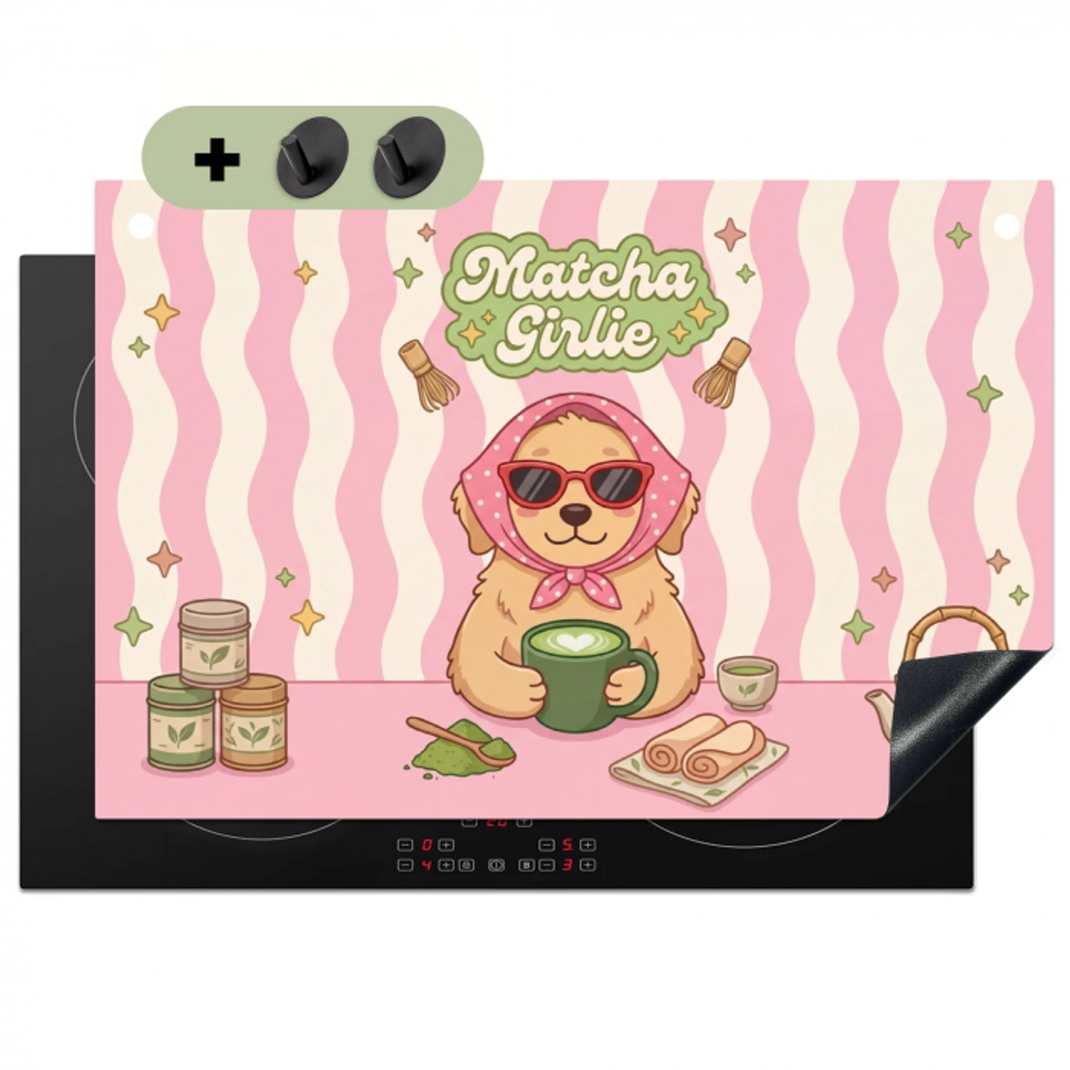 Matcha - Hond - Roze - Groen Inductie beschemer met haakjes klein -3d