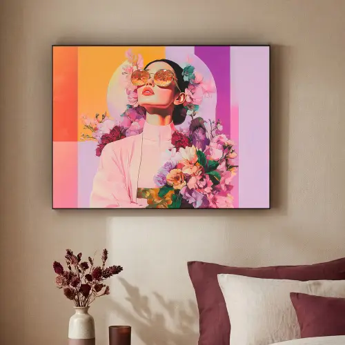Portret - Vrouw - Abstract - Bloemen Textielframe zwart klein -sfeer1