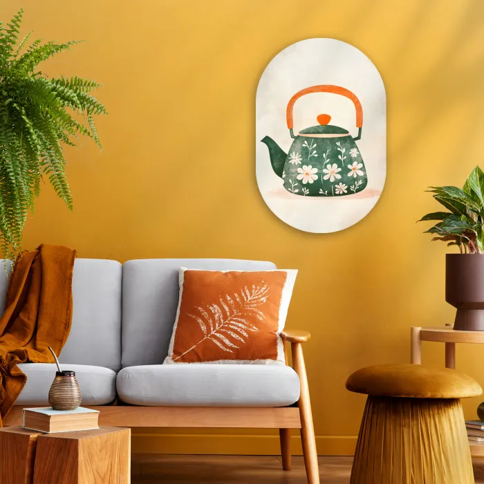 Theepot - Groen - Bloemen - Oranje Wandcirkel Ovaal Forex klein -sfeer4
