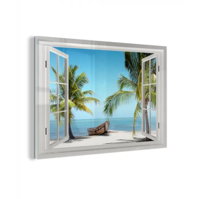 Doorkijk - Strand - Palmboom - Boot - Tropisch - Zee - Blauw plexiglas 5mm klein -z3d
