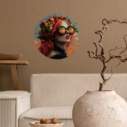 Vrouw - Kroon - Tomaat - Bascilicum - Zonnebril Wandcirkel behangsticker klein -sfeer1