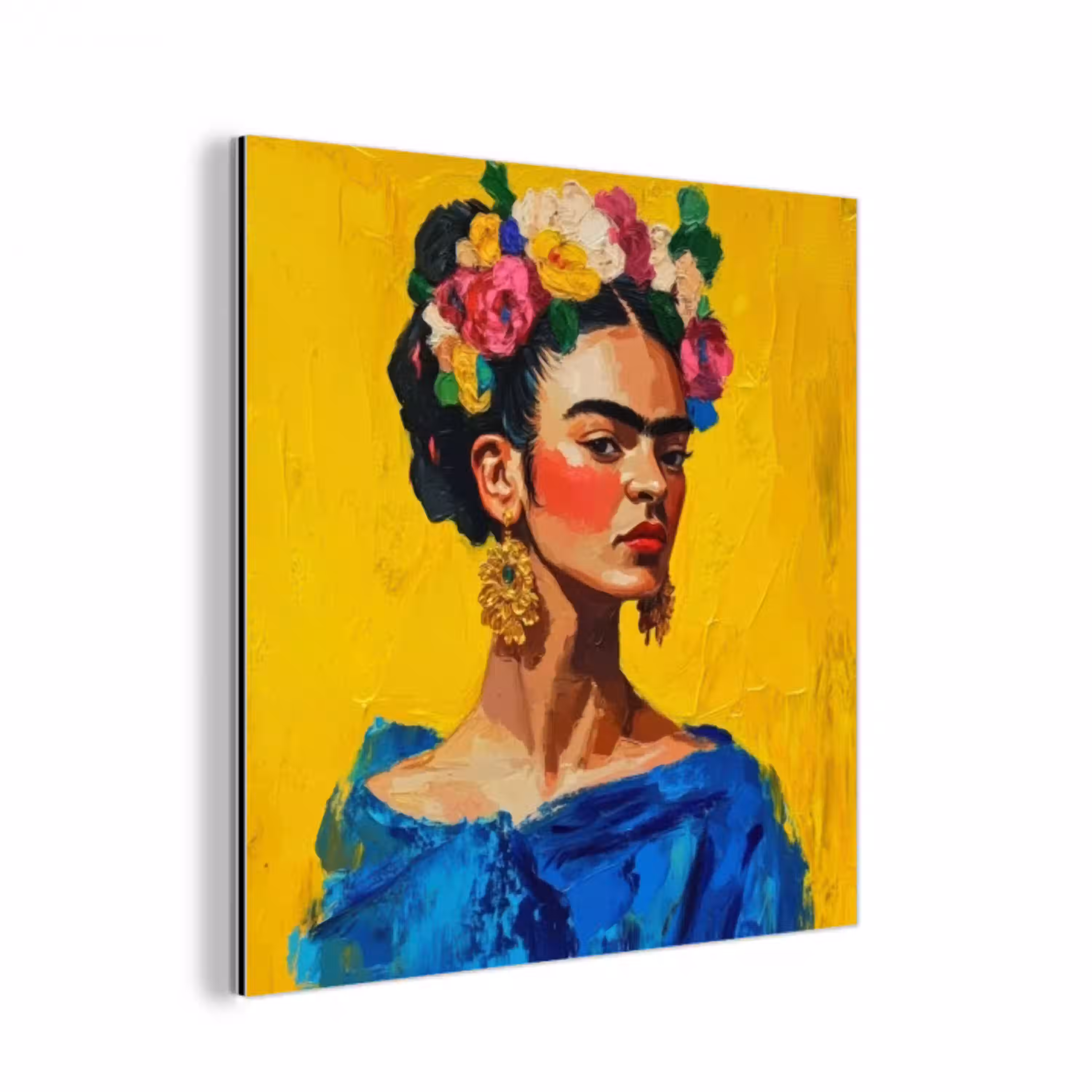 Frida Kahlo - Vrouw - Geel - Blauw - Bloemen aluminium wit klein -3d