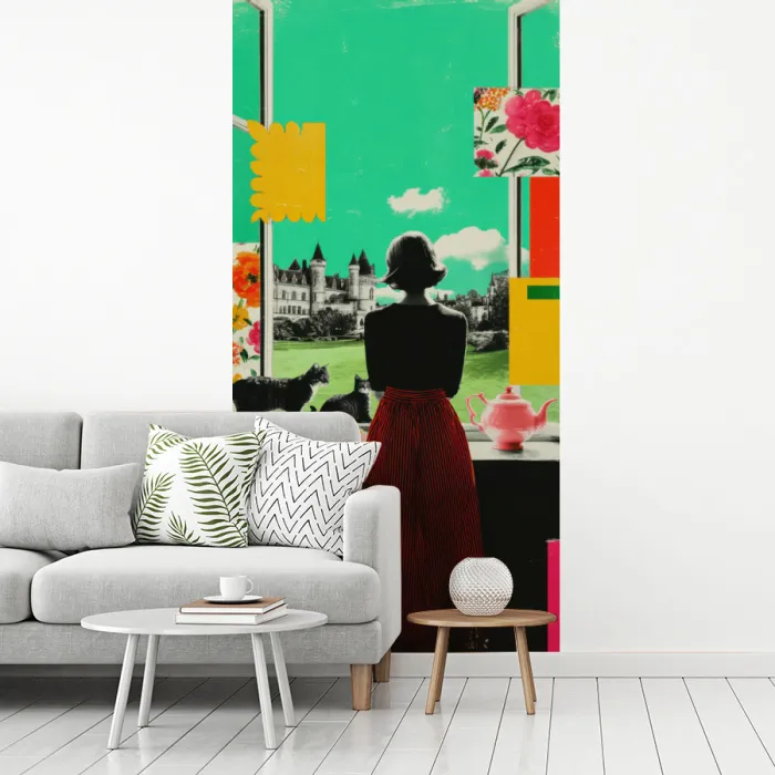 Vrouw - Keuken - Katten - Doorkijk fotobehang vinyl groot -woonkamer