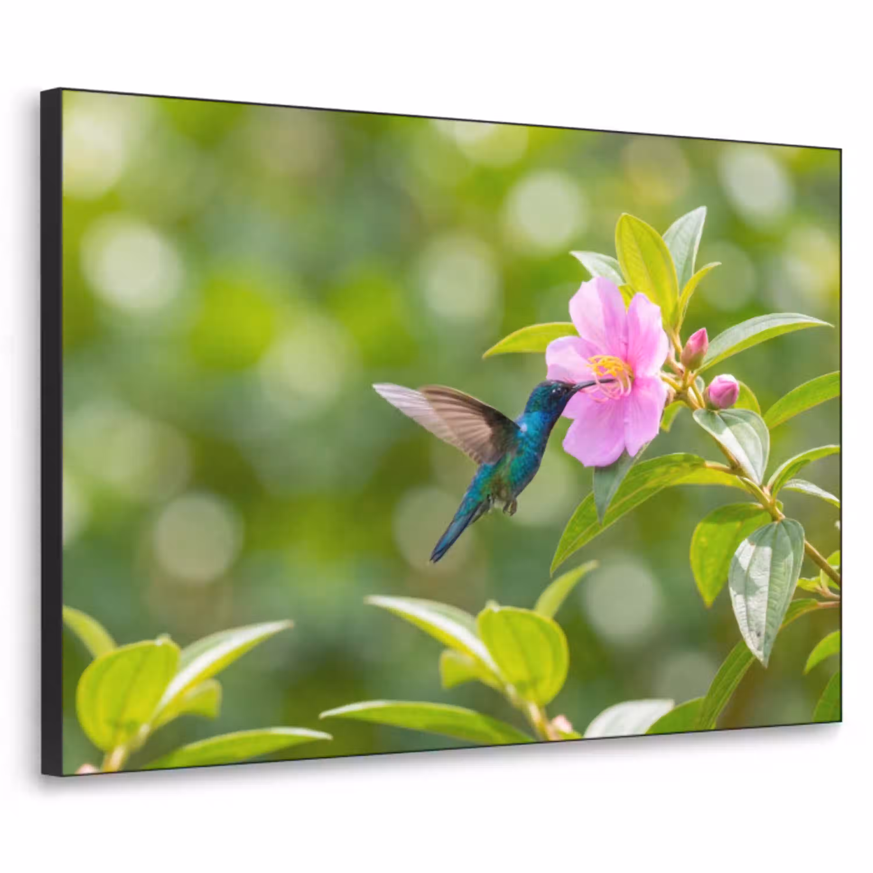 Kolibrie - Bloem - Natuur - Groen Textielframe zwart klein -3d