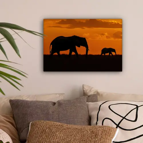 Olifanten - Savanne - Zonsondergang canvas 2cm klein -sfeer1