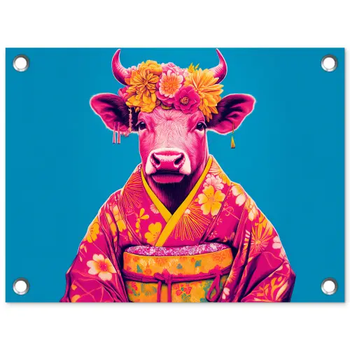Koe - Bloemenkrans - Oorhangers - Kimono tuinposter los doek klein -3d