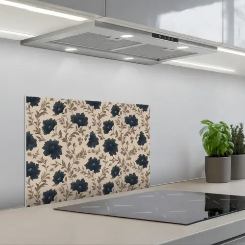Motief - Bloemen - Zwart - Beige keuken achterwand spatscherm klein 900 -3d_schuin