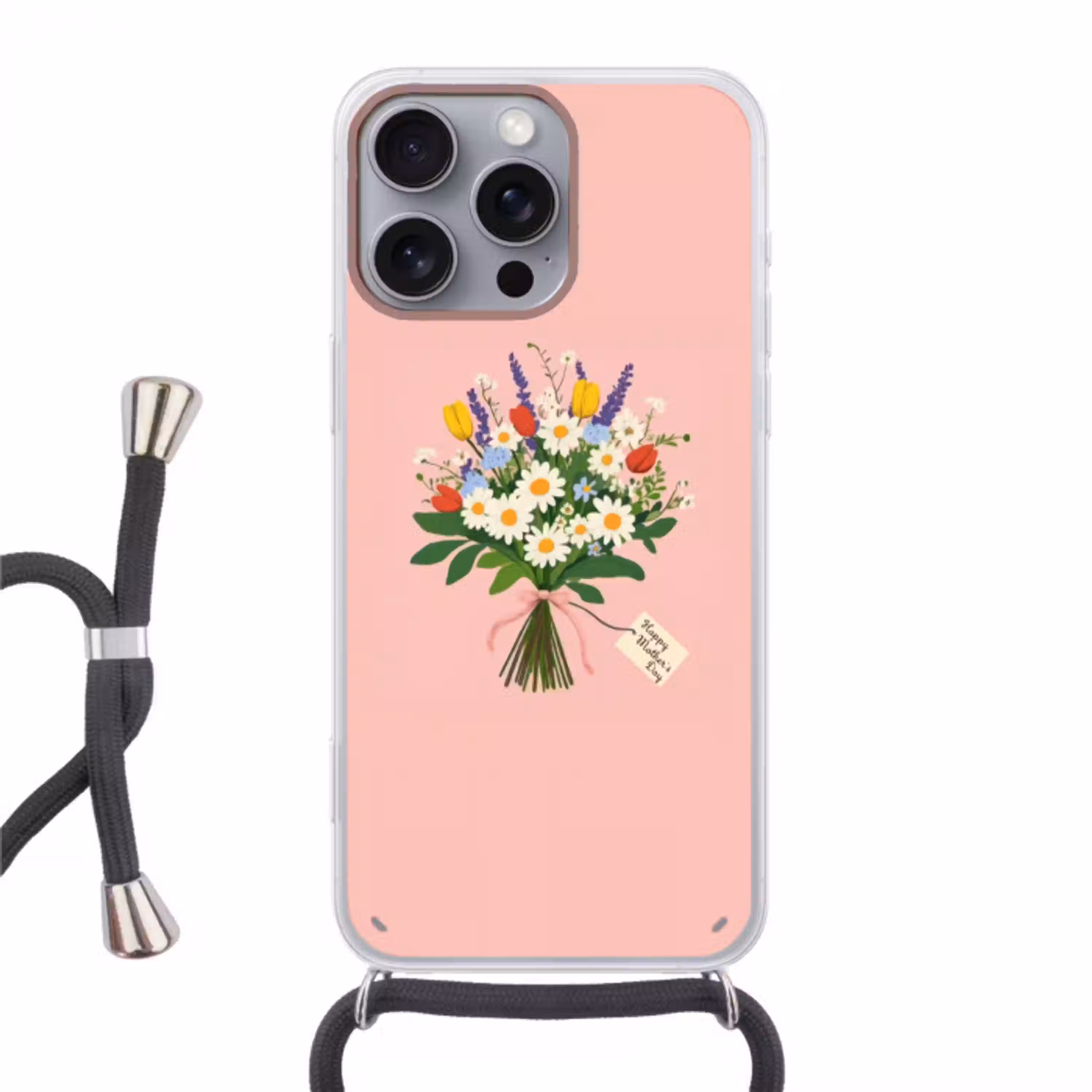 Bloemen - Lint - Kaartje Hoesje iPhone 16 Pro Max met koord klein -3d