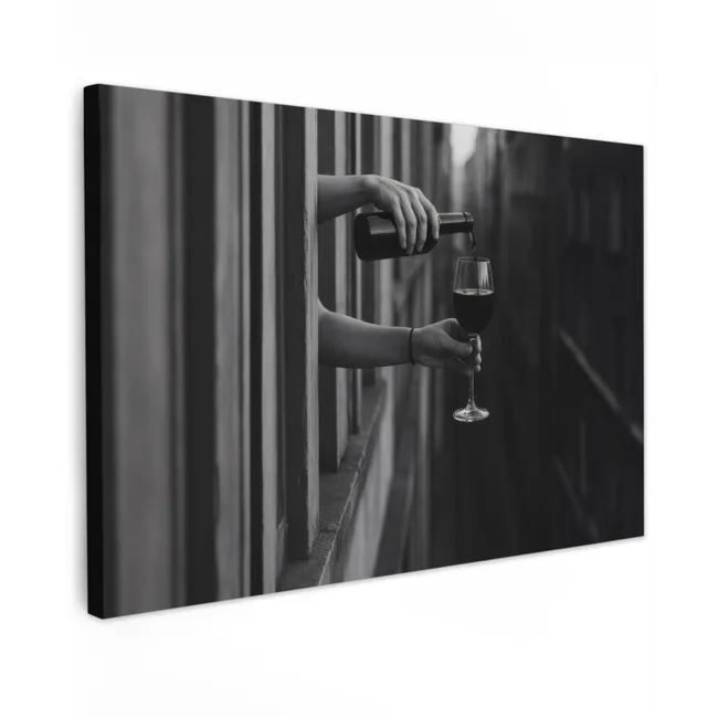 Buiten canvas - Wijnfles - Glas - Handen - Raam