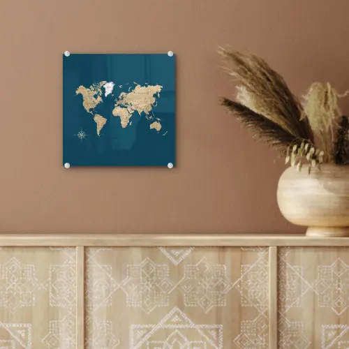 Wereldkaart - Donkerblauw - Beige plexiglas 5mm klein -sfeer5