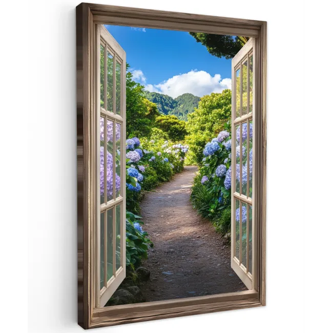 Doorkijk - Hortensia - Pad - Natuur Tuinposter op houten frame 2 cm dik klein -3d
