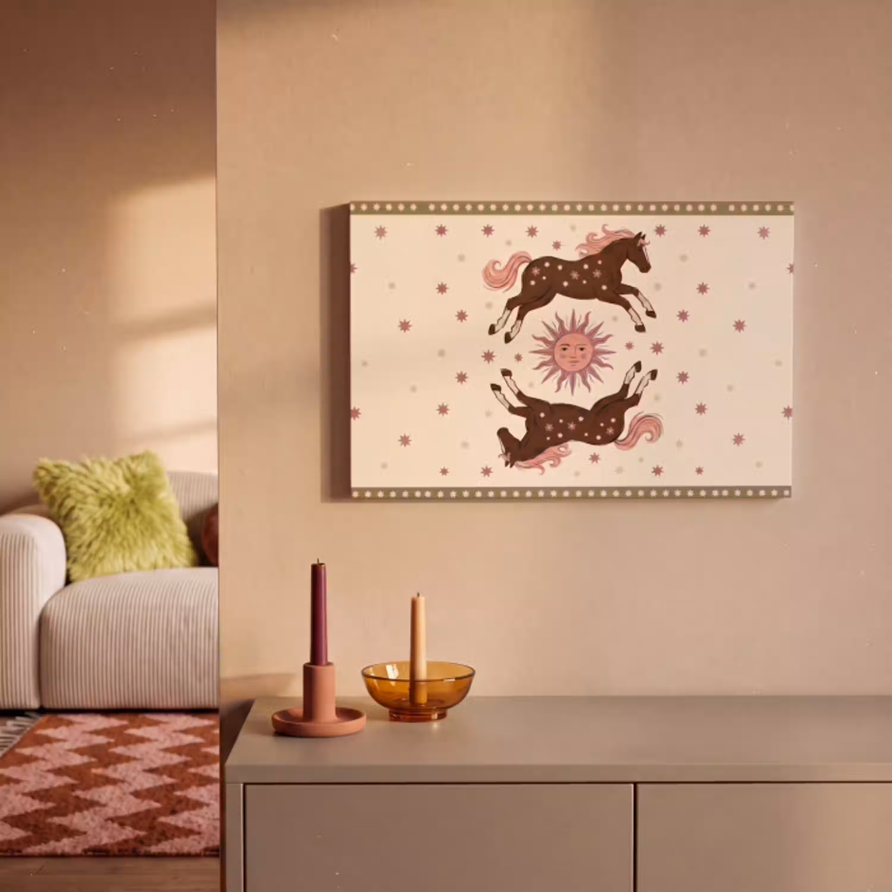 Paard - Zon - Mystiek - Illustratie - Roze canvas 2cm klein -sfeer1