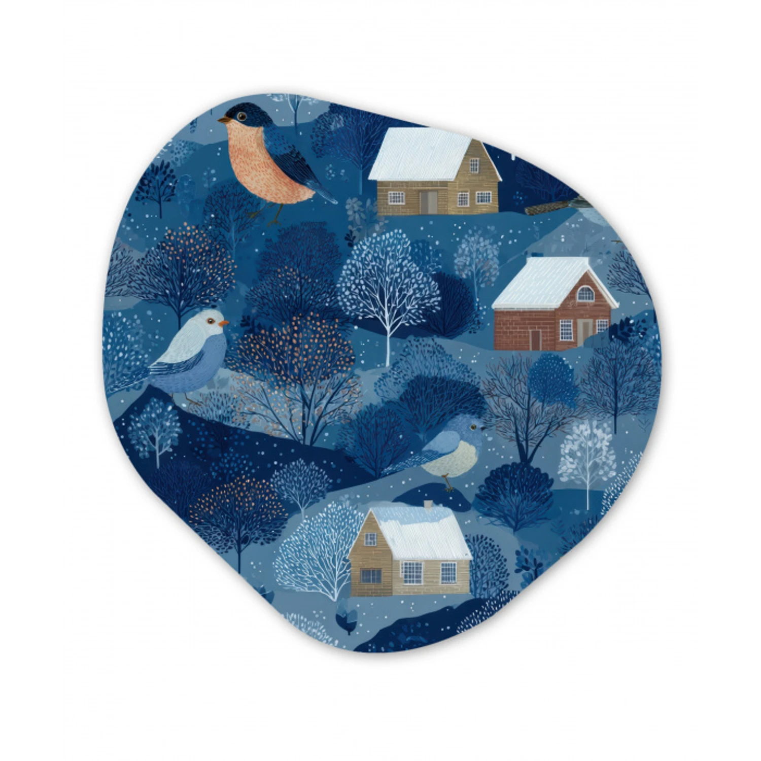 Huisjes - Vogels - Sneeuw - Winter - Blauw Wandcirkel Organisch Forex 3mm klein 629 -3d