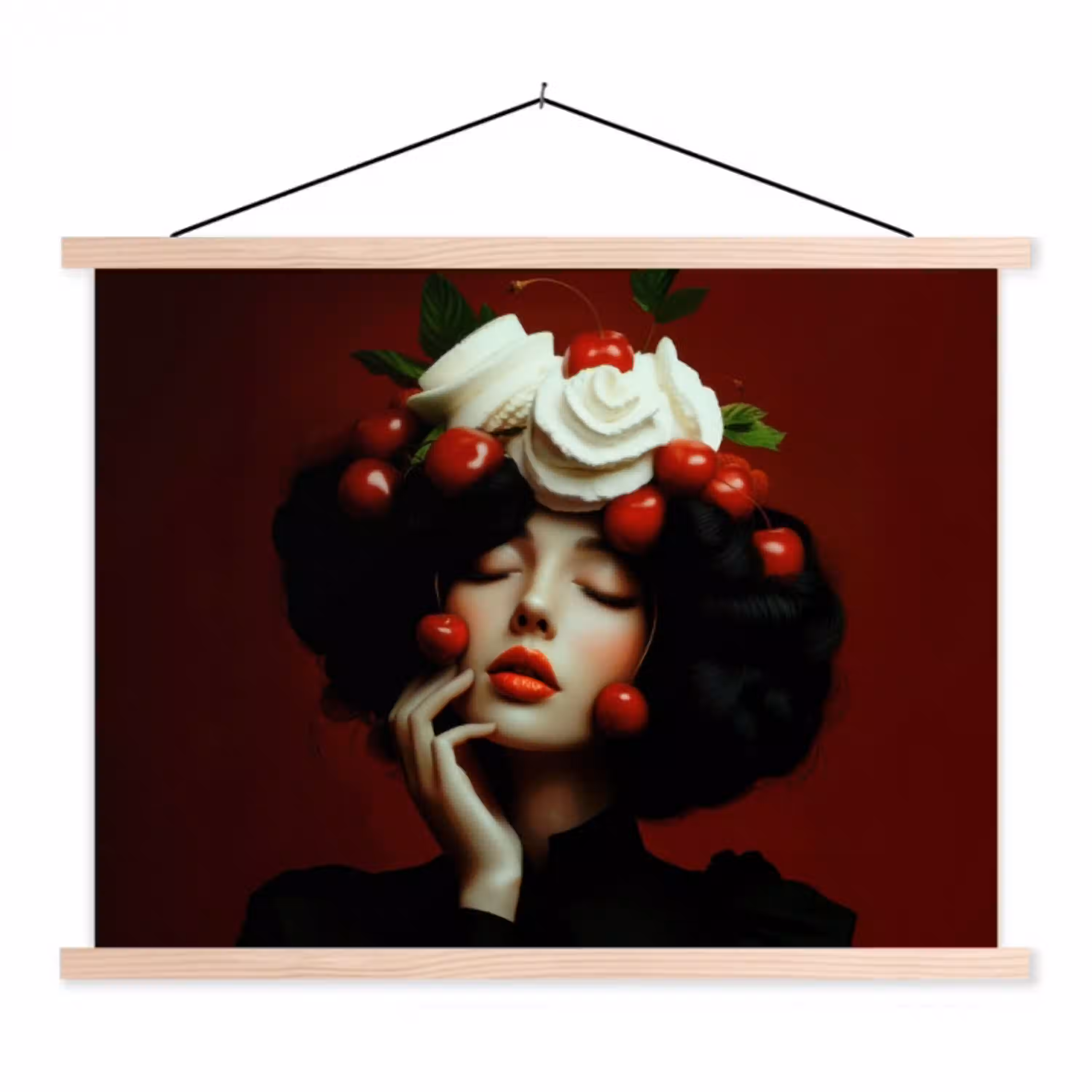 Vrouw - Kersen - Slagroom textielposter latten blank klein -3d