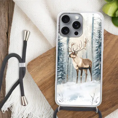 Rendier - Sneeuw - Woud - Wit Hoesje iPhone 16 Pro Max met koord klein -sfeer4