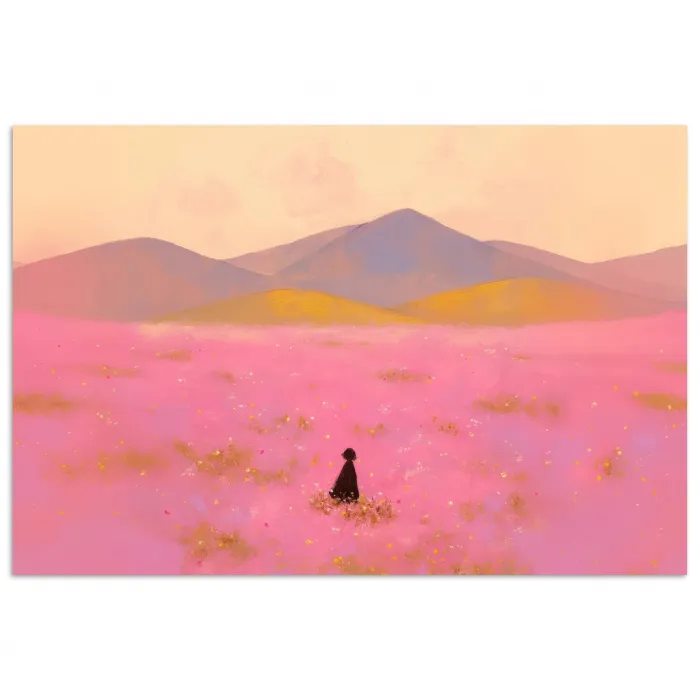 Bloemenweide - Heuvels - Silhouet - Roze poster papier klein -3d