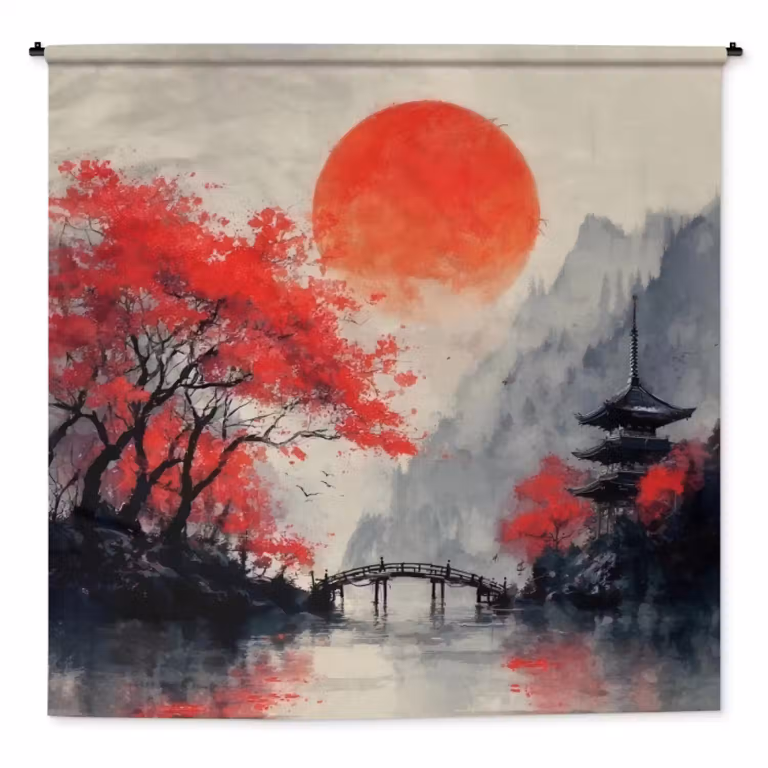 Wandkleed - Rode zon - Rivier - brug - Bomen