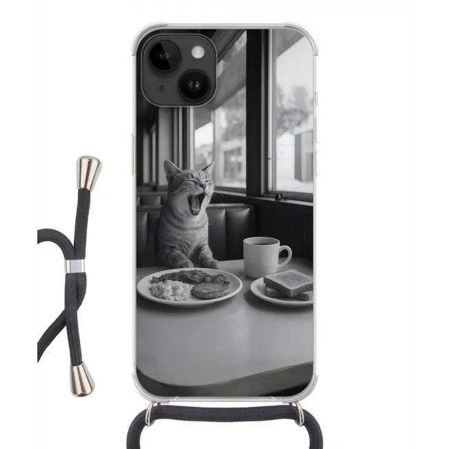 Handyhülle mit Band - Katze - Kaffee - Brot - Schwarz