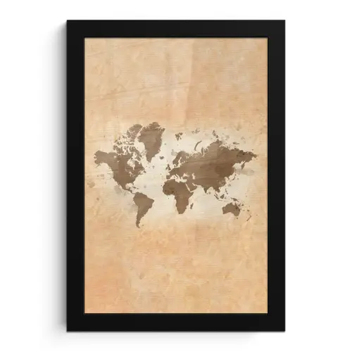 Wereldkaart - Beige - Bruin fotolijst zwart zonder passe partout klein -3d