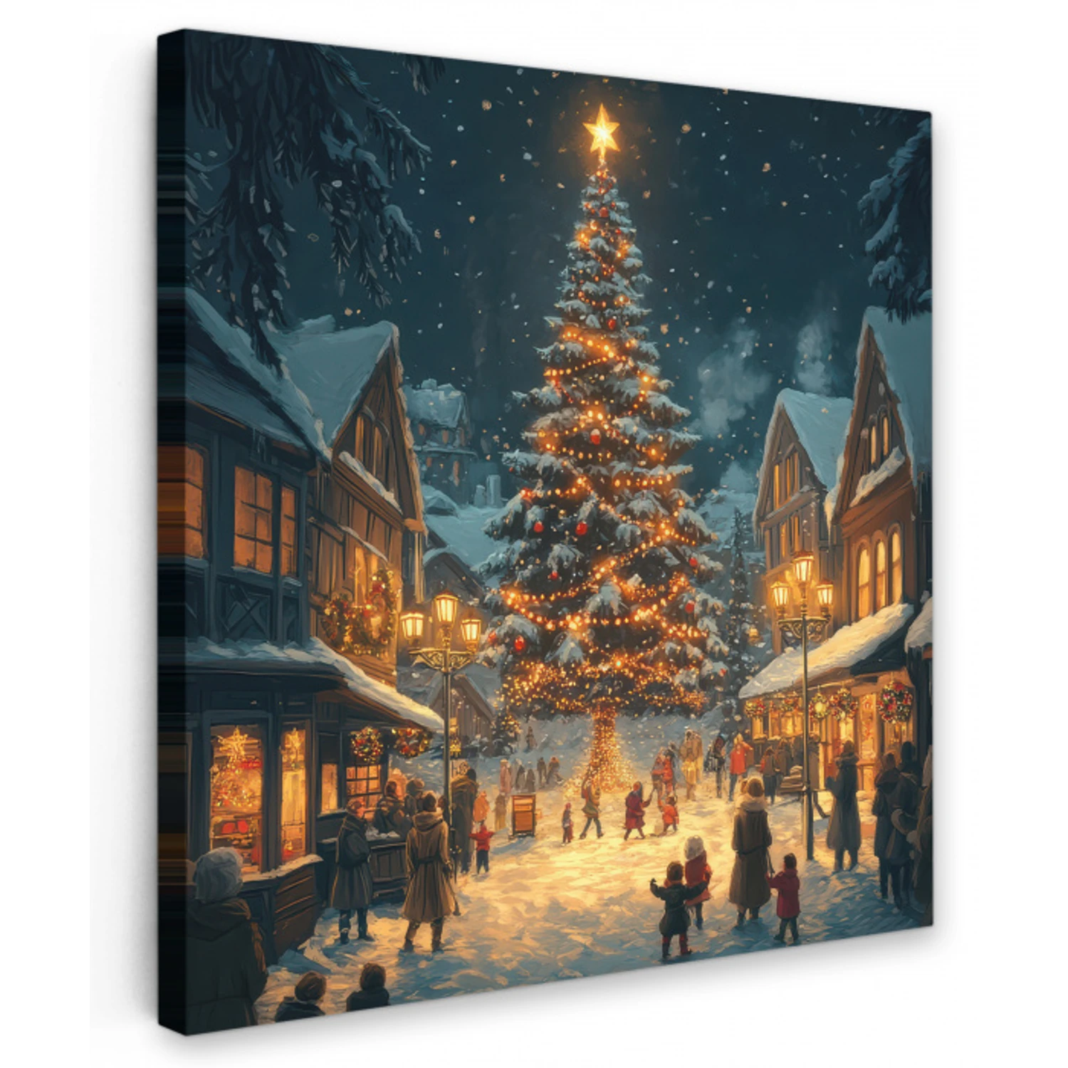 Kerstfeest - Dorp - Donker Tuinposter op houten frame 2 cm dik middel -3d