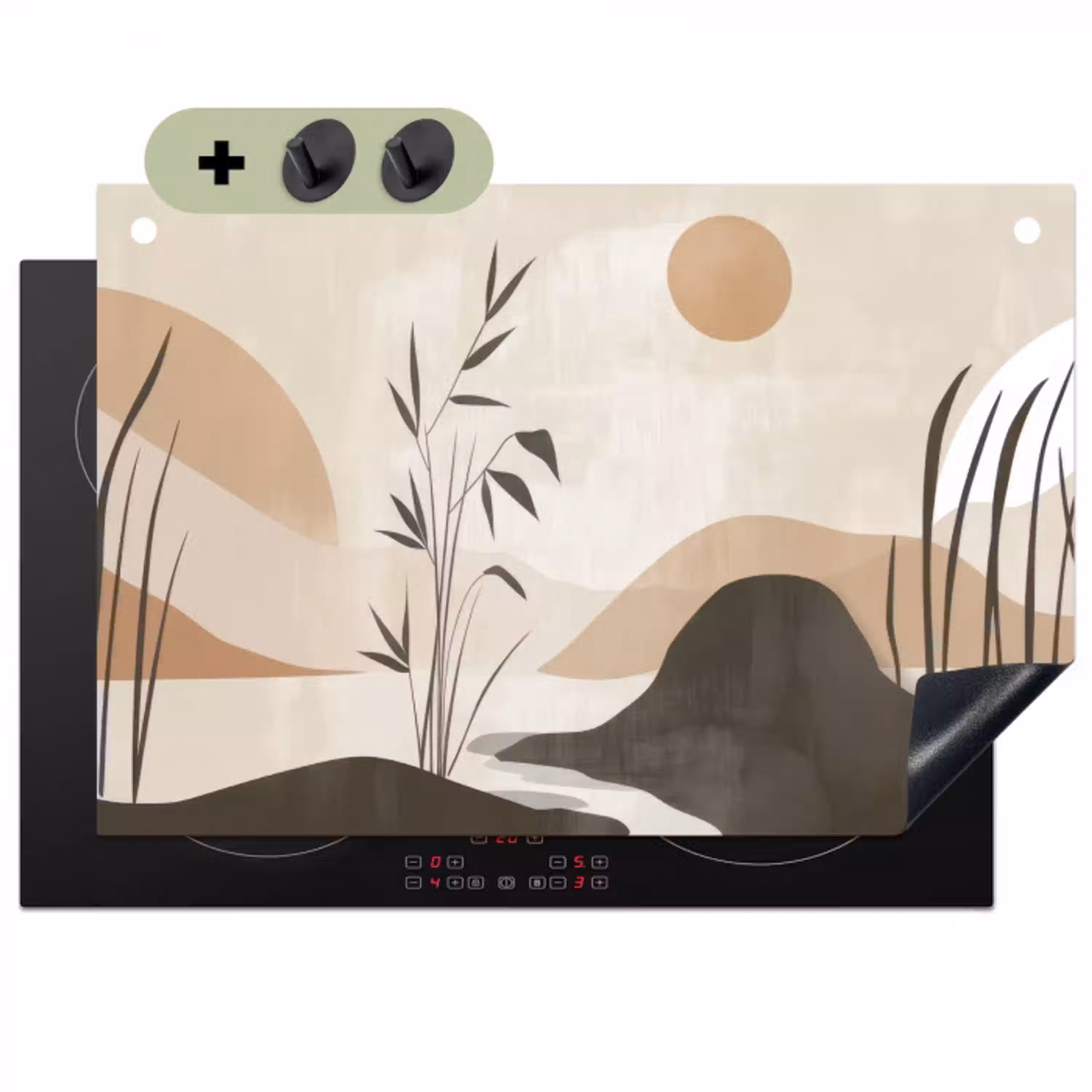 Japandi - Landschap - Beige Inductie beschemer met haakjes klein -3d