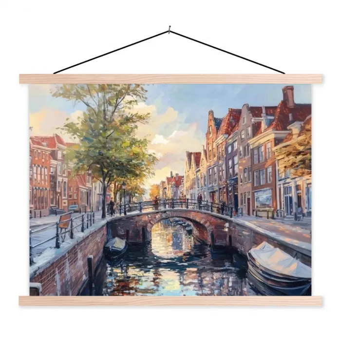Brug - Stad - Huizen - Boot textielposter latten blank klein -3d