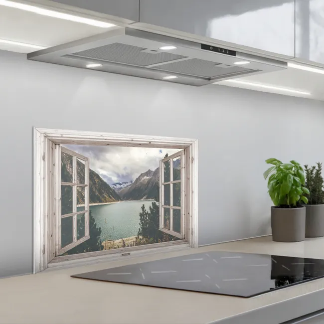 Doorkijk - Water - Berg keuken achterwand spatscherm klein -3d_schuin