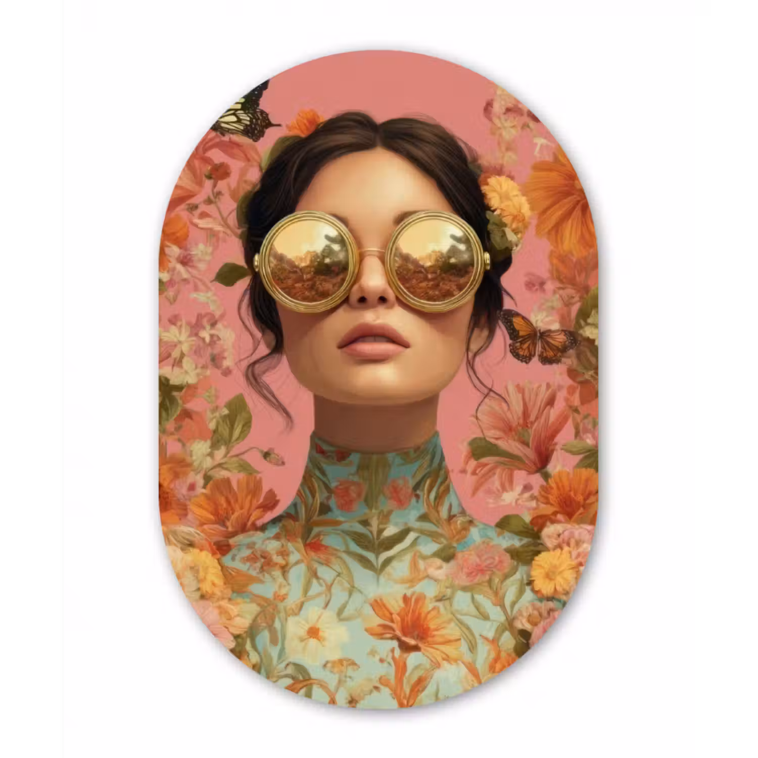Alu-Dibond-Bild Oval - Frau - Brille - Rosa - Blumen