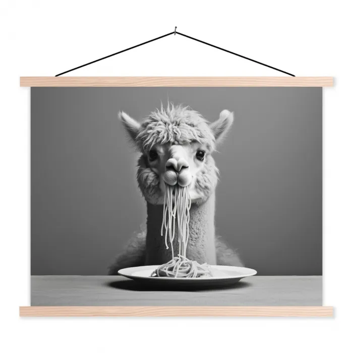 Alpaca - Pasta - Zwart - Wit - Grappig - Dieren textielposter latten blank klein -3d