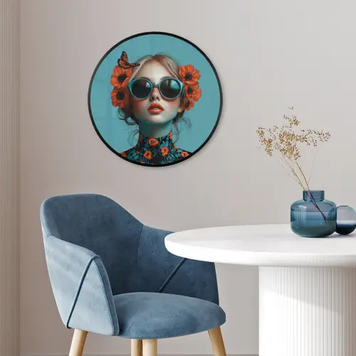 Vrouw - Blauw - Vlinder - Bloemen - Aesthetic Fotolijst rond zonder passe partout klein -sfeer2