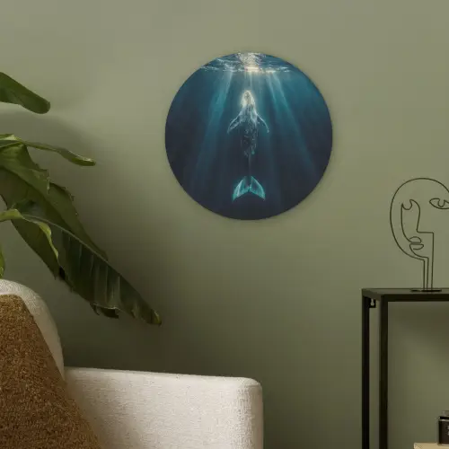 Walvis - Water - Zonnestralen - Blauw Akoestische PET Vilt - Rond klein -sfeer2
