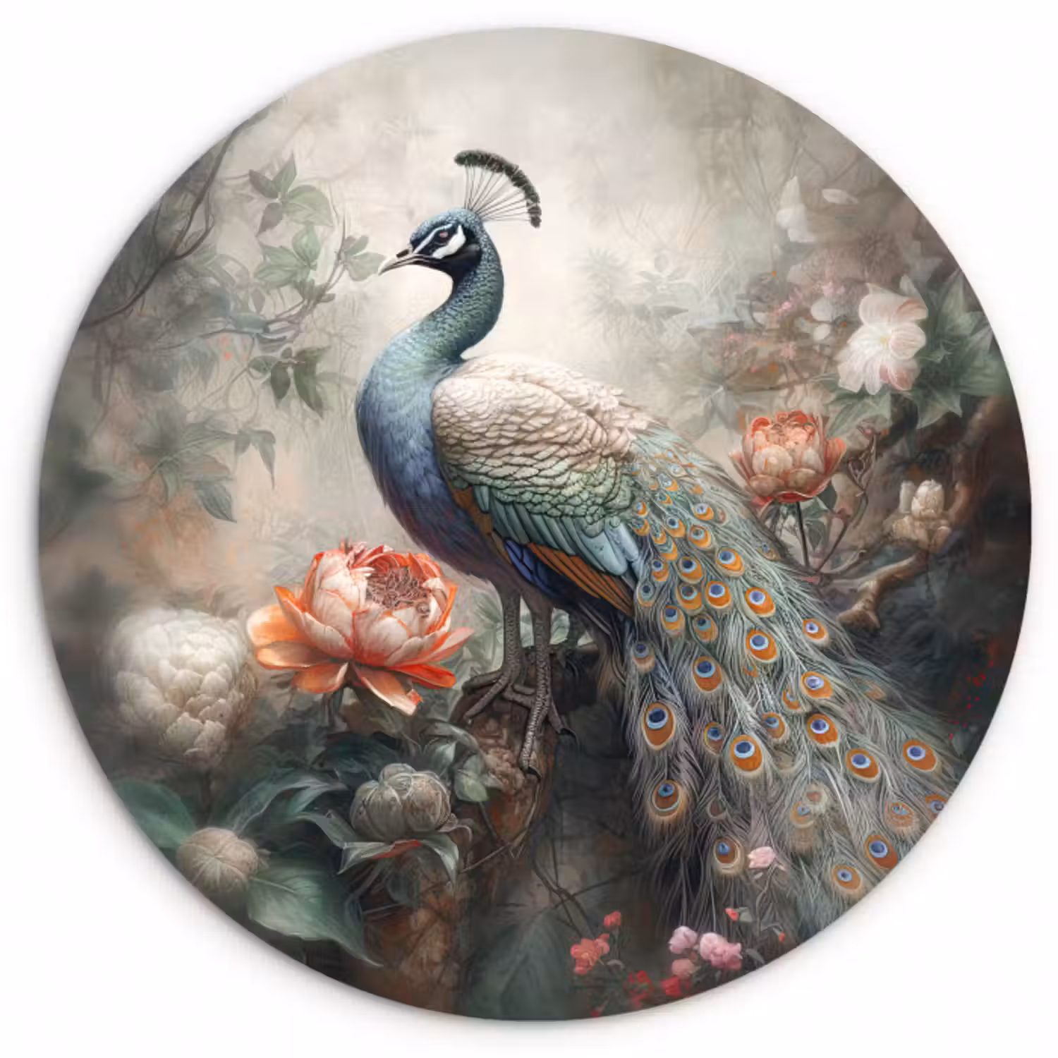 Forexbild Rund - Pfau - Pfauenfedern - Vogel - Dschungel - Blumen