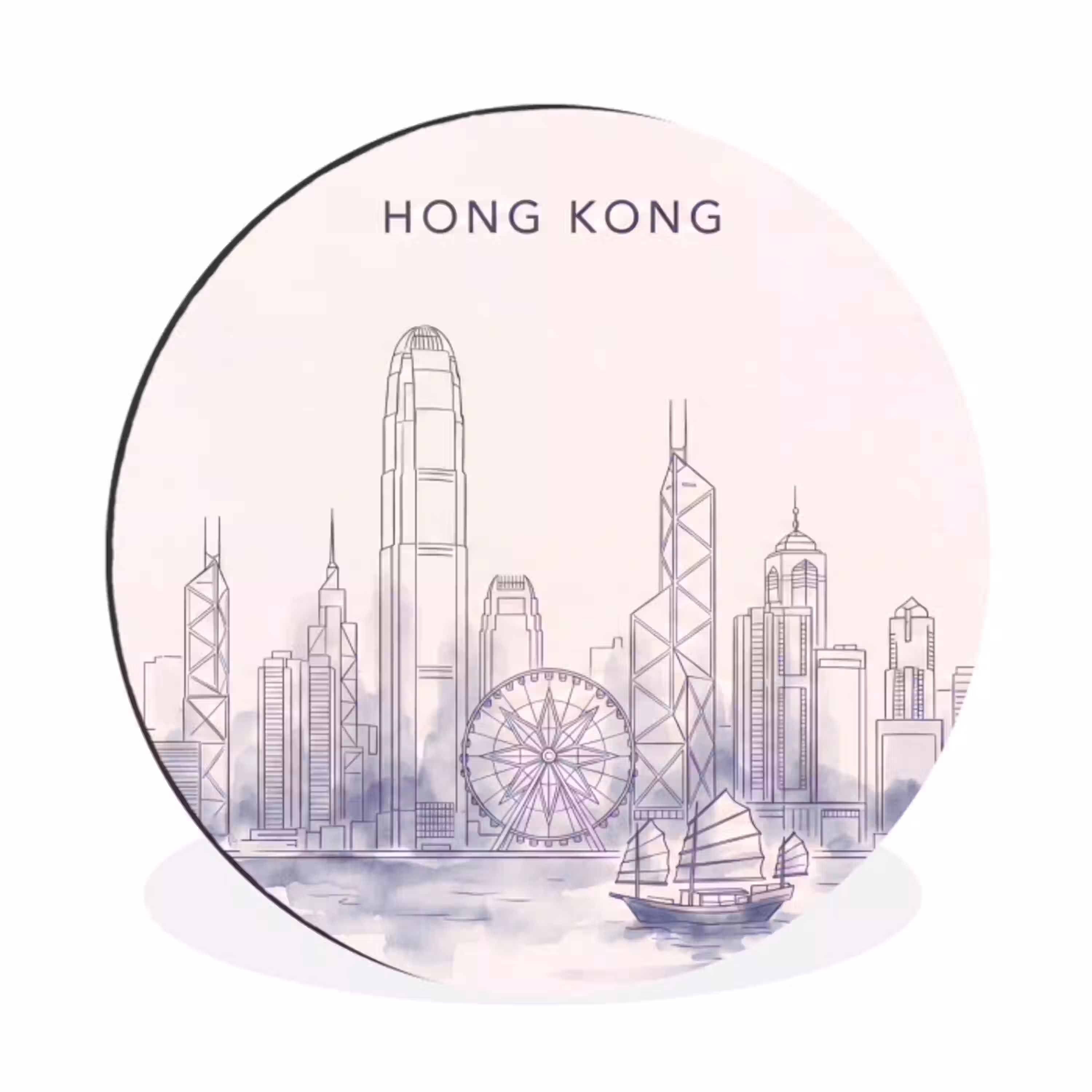 Stad - Skyline - Water - Lijntekening - Blauw Wandcirkel aluminium klein -3d