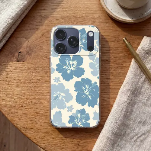 Hibiscusbloemen - Blauw - Patroon - Tropisch Telefoonhoesje iPhone 17 Pro klein -sfeer1