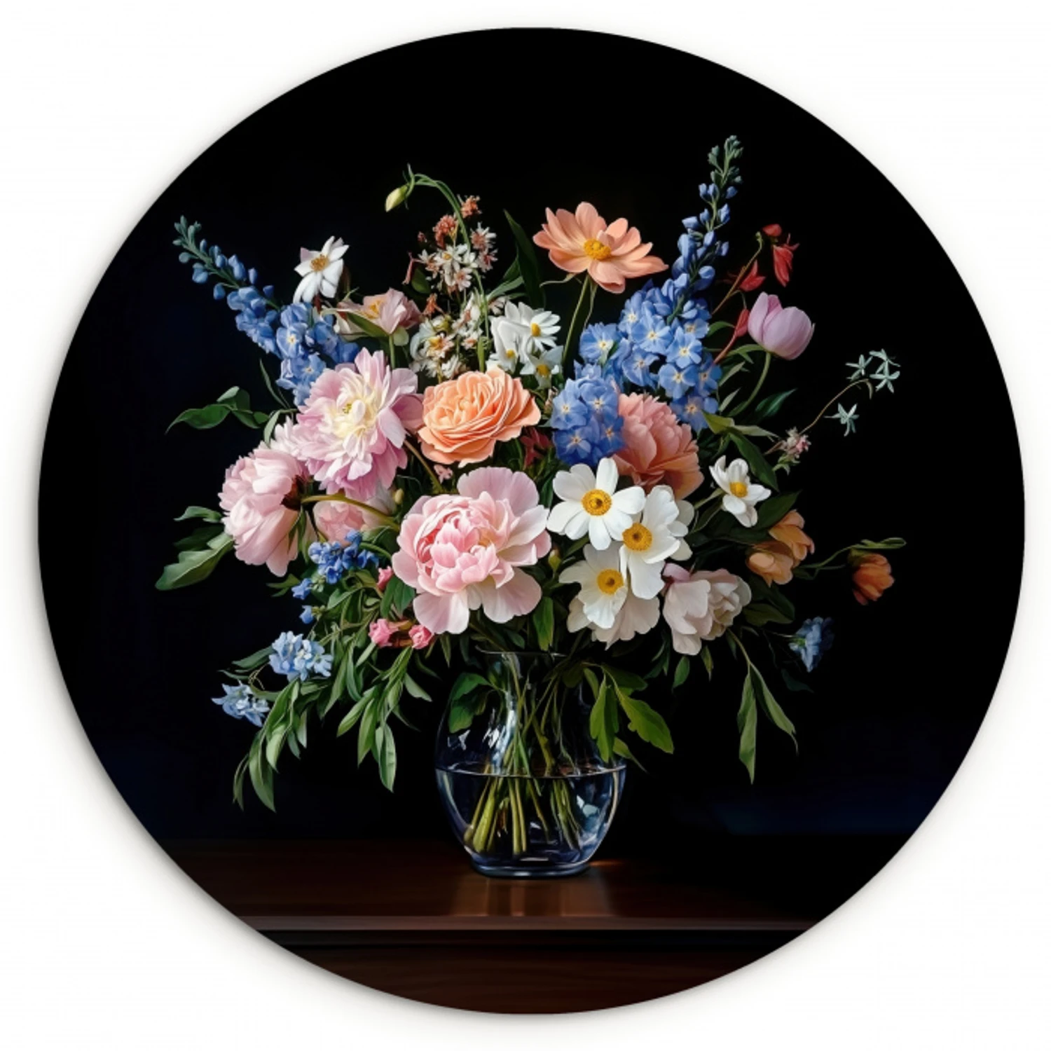 Pastel - Bloemen - Glazen - Vaas Wandcirkel kunststof plaat 5mm dik klein -3d
