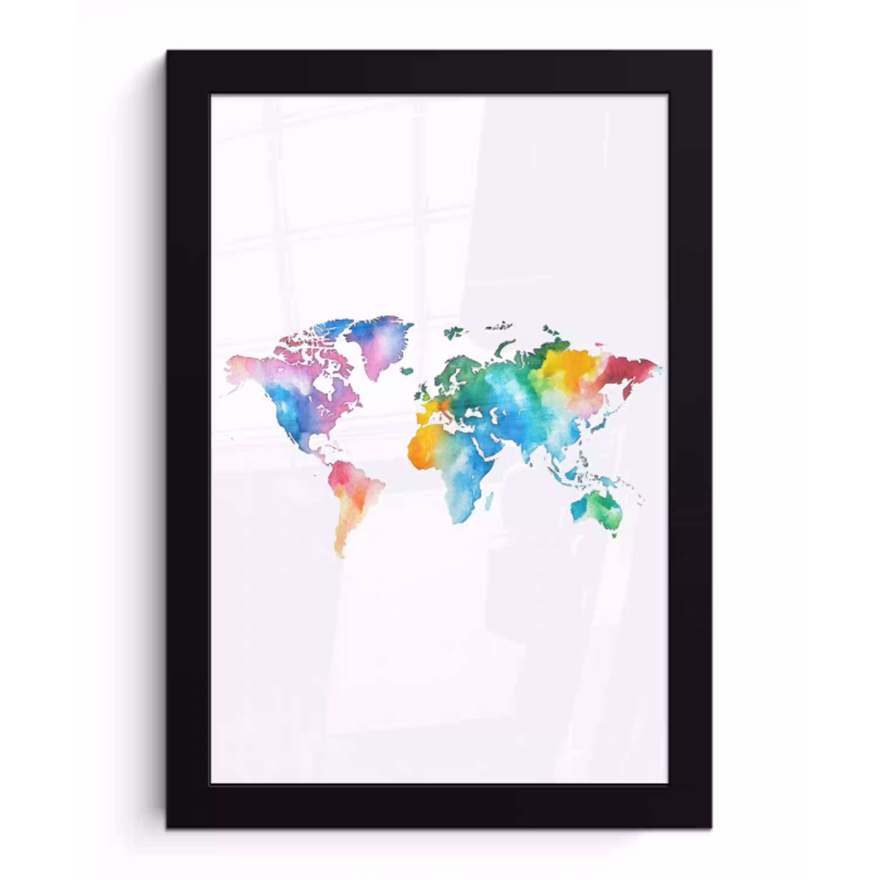Regenboog - Wereldkaart - Aquarel fotolijst zwart zonder passe partout klein -3d