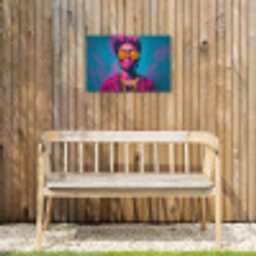 Vrouw - Kauwgom - Zonnebril - Oranje Tuinposter op houten frame 2 cm dik klein -sfeer4