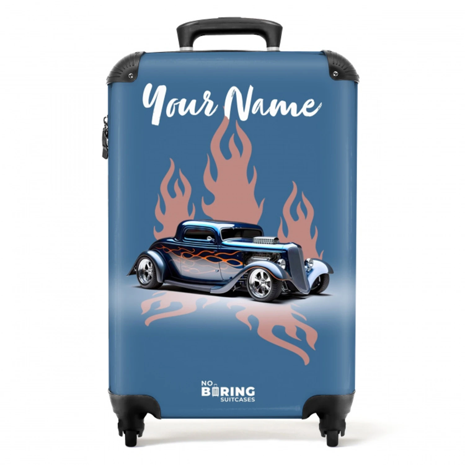 Blauwe auto met roze vlammen NBS - Handbagage koffer - Kinderen Unisex middel -productfoto_recht
