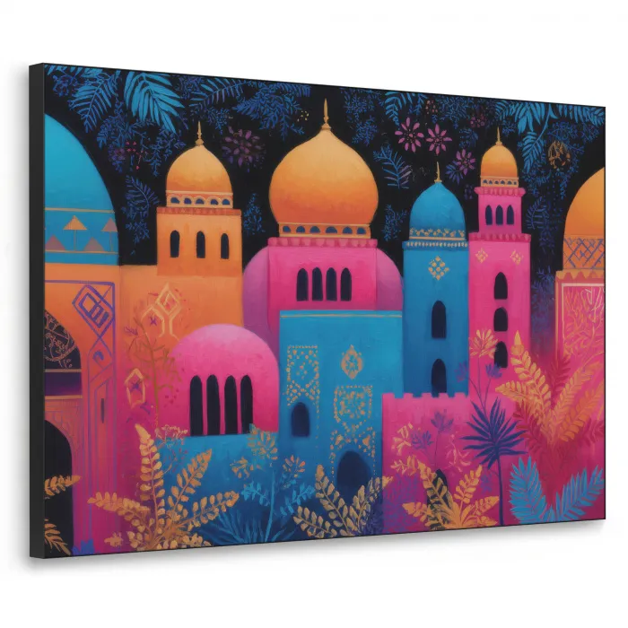 Kleurrijk - Stad - Nacht - Islamitisch Textielframe zwart klein -3d