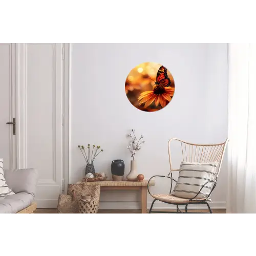 Vlinder - Bloemen - Oranje Wandcirkel aluminium klein -woonkamer