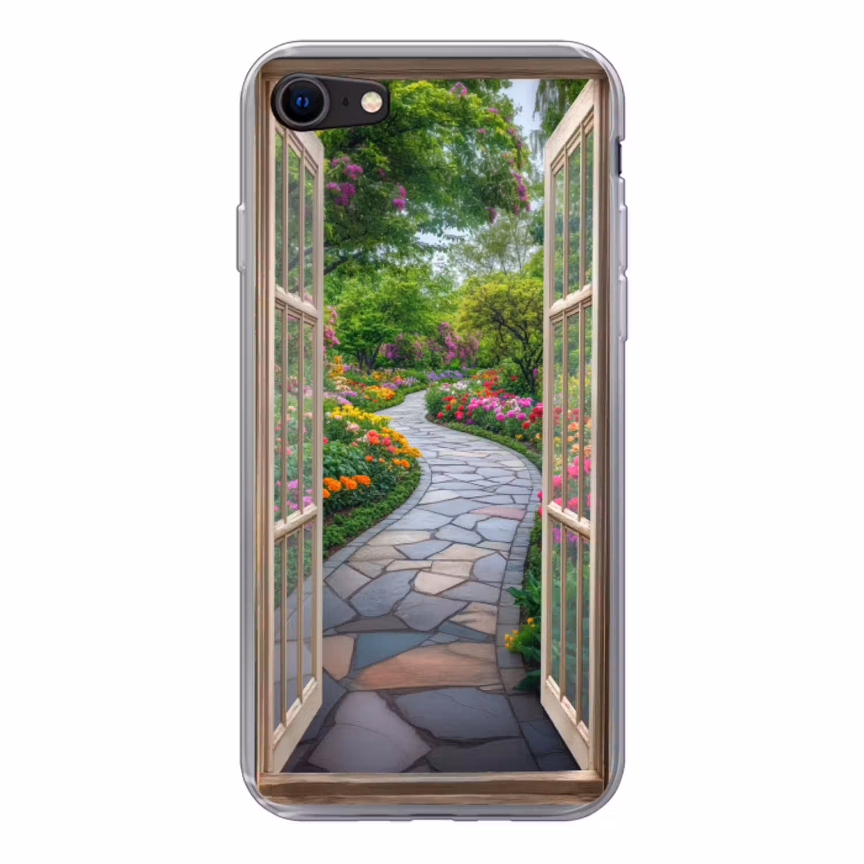 Doorkijk - Bloemen - Tuinpad - Natuur - Raam Telefoonhoesje iPhone 7 klein -3d