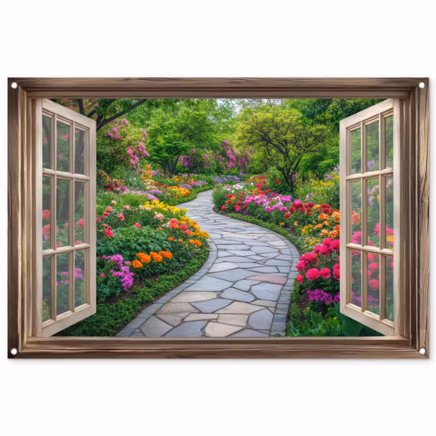Gartenposter - Aussicht - Blumen - Gartenweg - Natur - Fenster